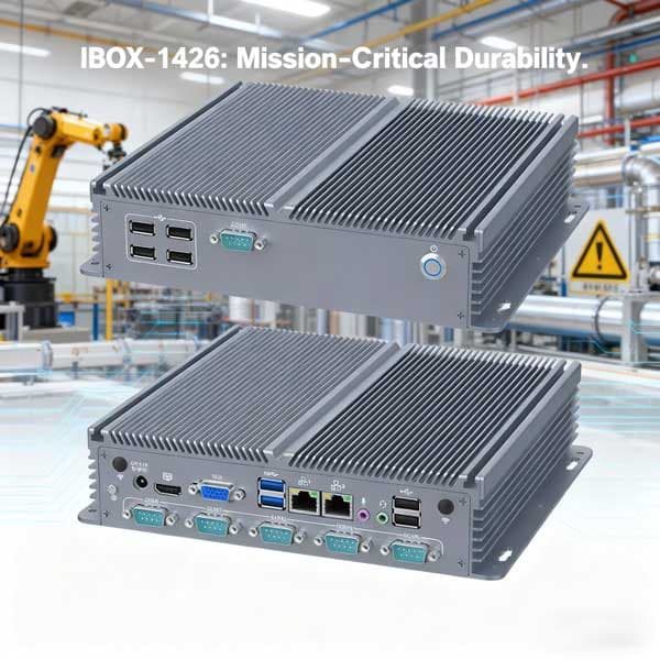 IBOX-1426 Fanless Industrial PC – two units showing front and rear I/O with COM, HDMI, VGA and LAN ports, in a factory setting