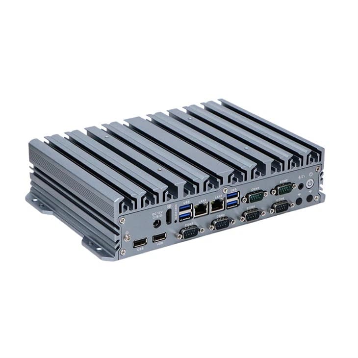 IBOX-3326 Fanless Industrial PC – angled view of the finned aluminium chassis and front I/O