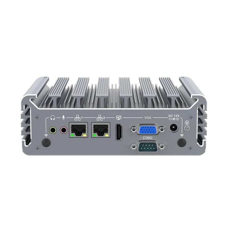 Nano-N342F Fanless Mini PC – front panel with two LAN ports, HDMI and VGA